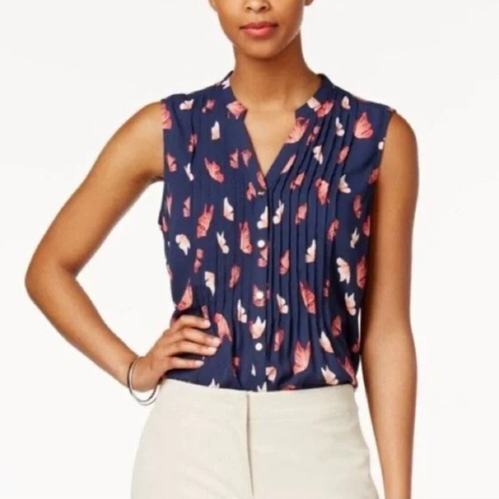 Charter Club Navy Blue with Pink Butterfly Print Sleeveless Top‎ - Large